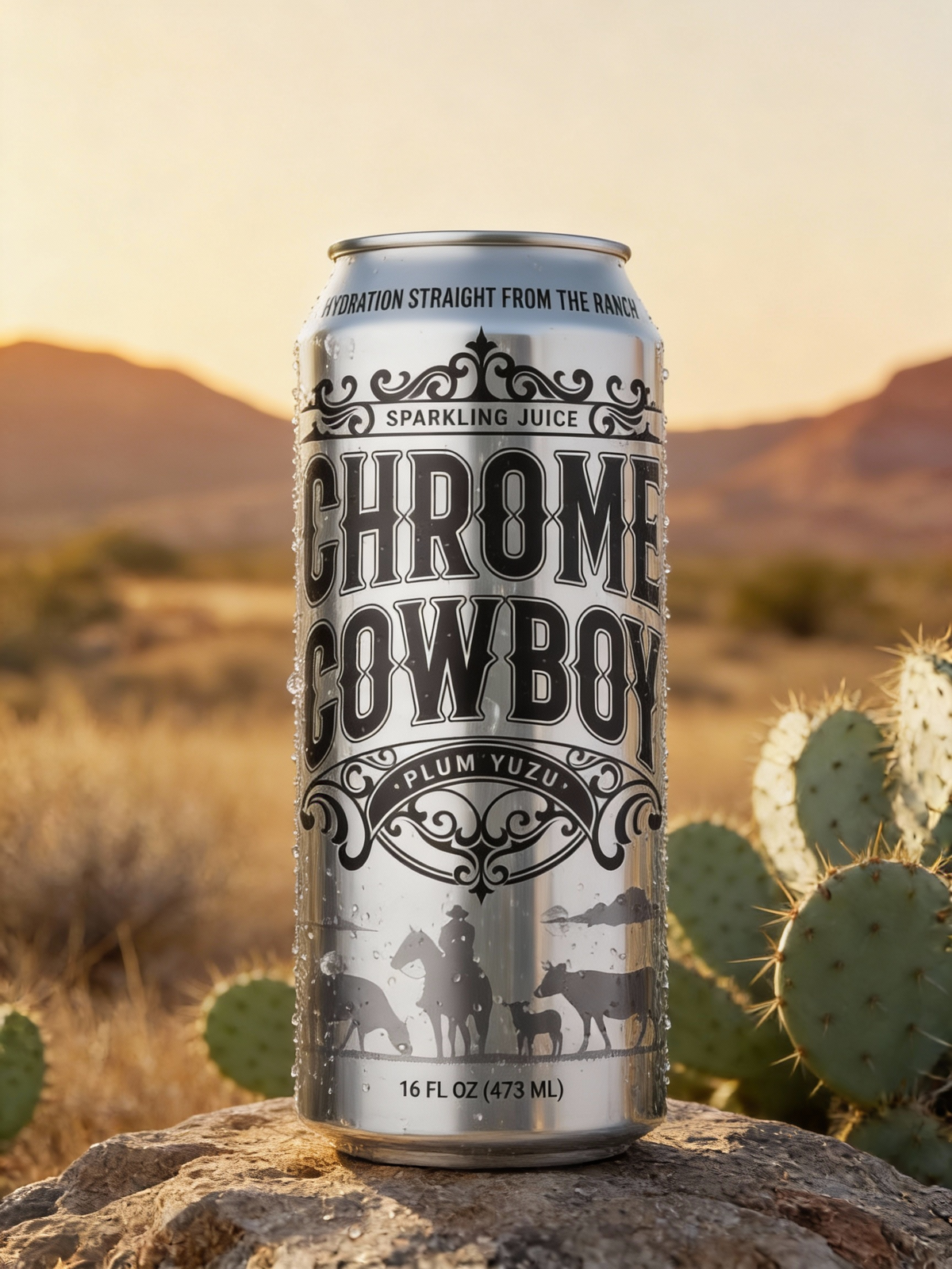 Chrome Cowboy Plum Yuzu can in a desert settin
